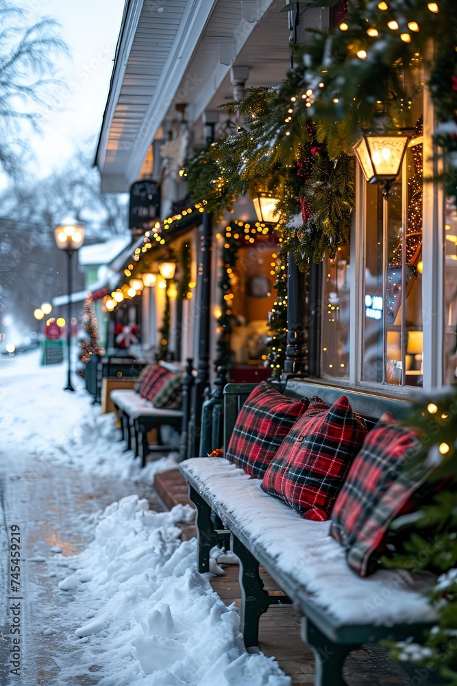 Poster A serene scene of snow-covered benches nestled next to a building, creating a tranquil winter setting