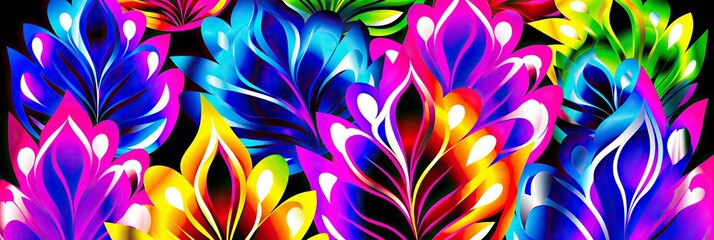 Vivid, colorful flowers bloom against a striking black background in this vibrant painting