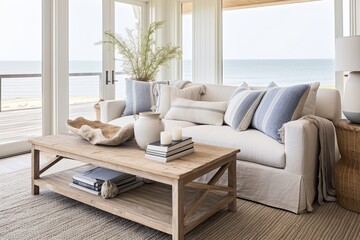 Driftwood Coffee Table Serenity: Beachfront Cottage Living Room Ideas with Coastal Textiles