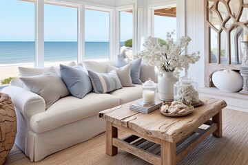 Beachfront Cottage Living Room Ideas: Driftwood Coffee Table & Coastal Textiles Inspo