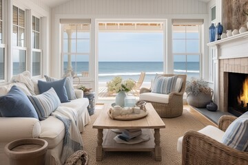 Ocean-Themed Beachfront Cottage Living Room with Fireplace & Leather Armchairs