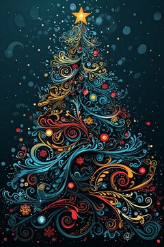 A colorful Christmas tree shines brightly against a deep black background, casting a festive glow and spreading holiday cheer