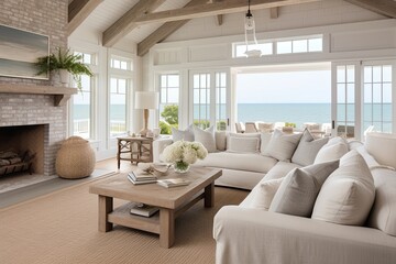 Pendant Light Beachfront Cottage Living Room in Sandy Color Tones