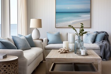 Fototapeta na wymiar Marine-Inspired Beachfront Cottage Living Room Ideas with Round Wooden Table