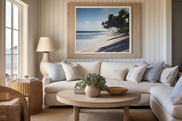 Marine-Inspired Beachfront Cottage Living Room Ideas Featuring a Round Wooden Table