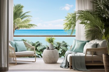 Fototapeta na wymiar Chic Vase Placements in Urban Jungle Balcony - Beachfront Coastal Style Exemplified