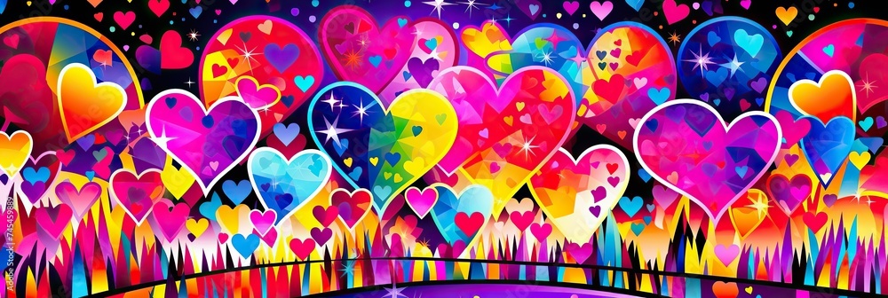 Poster A vibrant painting featuring an array of colorful hearts dancing across the canvas in a joyful and lively manner