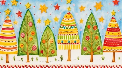 Obraz premium A whimsical painting depicting a serene night sky filled with twinkling stars and towering trees swaying in the moonlit breeze