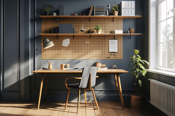 Serene Scandinavian Home Office Interior with Sunlit Workspace
