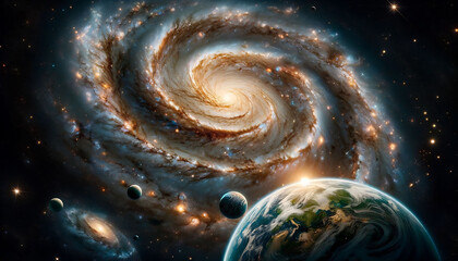 A breathtaking cosmic scene with a spiral galaxy, stars, and planets, capturing the vastness and...