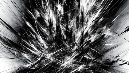 Abstract black and white artwork with dynamic brush strokes and splatter, suggesting chaos and movement.