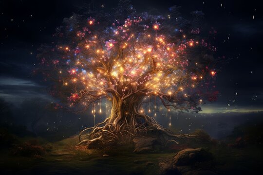 Mystical Magic tree. Fantasy romantic forest. Generate Ai