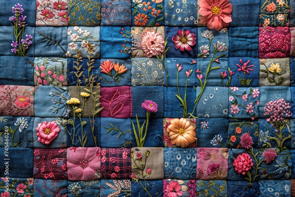 Poster a vibrant patchwork quilt adorned with intricate floral patterns in a colorful array, showcasing a b