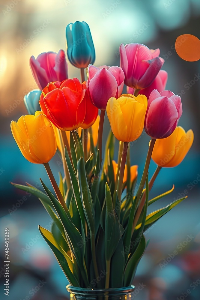 Poster a magnificent display of vibrant flowers overflowing from a decorative vase, creating a stunning vis