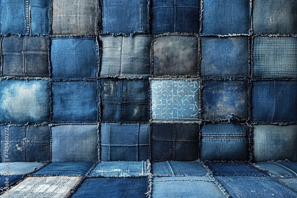 Poster a wall constructed entirely of blue jeans, creating a unique and artistic display of texture and col