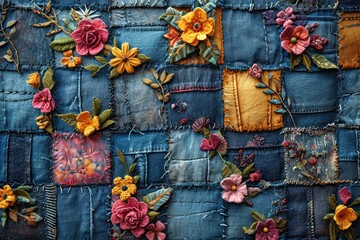 A close-up of a vibrant patchwork quilt adorned with intricate floral designs, showcasing a harmonious blend of colors and patterns