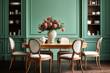 Mint Chair Elegance: Classic Edwardian Dining Room with Round Wooden Table and Green Wall Backdrop