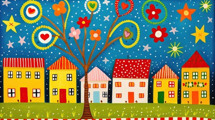 A whimsical painting featuring a majestic tree surrounded by charming houses under a sky filled with twinkling stars
