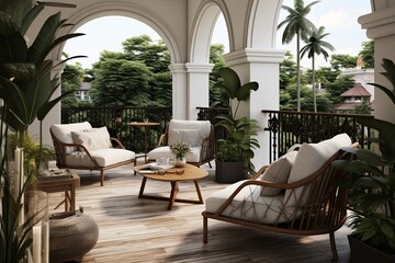 Fototapeta premium Urban Jungle Balcony: Nordic Elegance in Classic Villas with Arch Designs and Leather Details