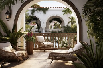 Fototapeta premium Classic Villas: Urban Jungle Balcony & Nordic Elegance with Arch Designs & Leather Details