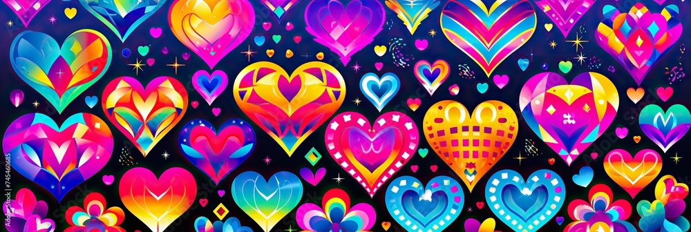 Aufkleber a vibrant painting featuring a multitude of colorful and whimsical hearts swirling on a black backgr