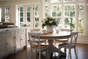 Coastal Colonial Revival Kitchen: Round Wooden Table with Coastal Chairs