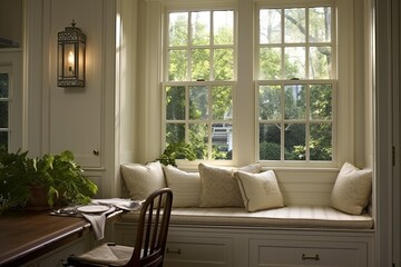 Light-Filled Colonial Revival Kitchen: Window Views, Comfy Seat Cushions