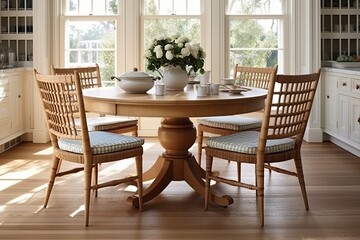 Fototapeta na wymiar Coastal Colonial Revival Kitchen: Round Wooden Table & Coastal Chairs Design Inspiration