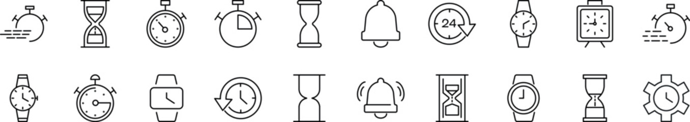 Collection of thin line icons of clock. Editable stroke. Simple linear illustration for web sites, newspapers, articles book