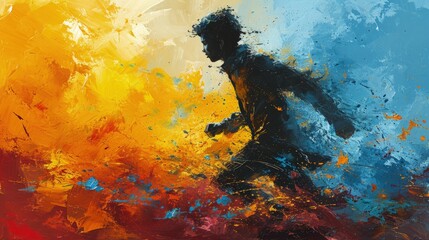 A vibrant painting capturing the essence of a man in motion, running through a lush field with wildflowers under a bright sun