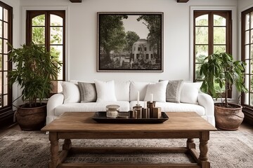 Colonial Revival Kitchen Inspirations: White Sofa and Chic Wooden Coffee Table Elegance