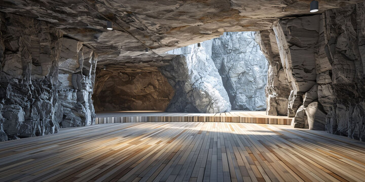 Underground Cave Chamber with Wooden Flooring and Natural Textures




