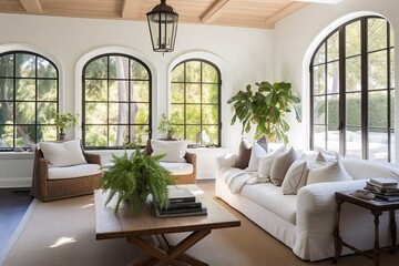 Chic Rattan Decor and White Sofa in a Sunlit Contemporary Craftsman Living Area