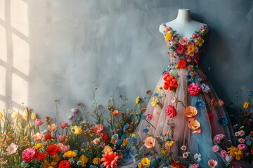 A mannequin wearing a stunning dress created entirely from vibrant and delicate flowers, showcasing natures beauty as wearable art