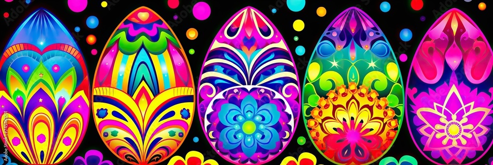 Poster colorful decorated easter eggs with intricate patterns on a black background