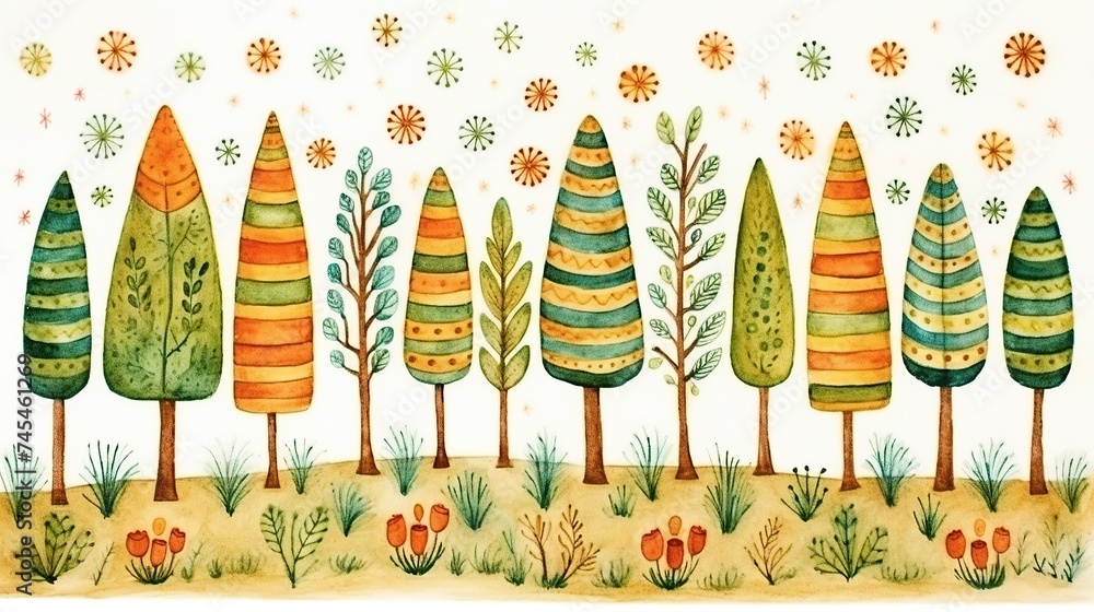 Aufkleber A vibrant painting capturing a serene field with a row of tall trees swaying gently in the breeze under a clear blue sky