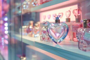 Botella de perfume en forma de corazon sobre un estante de una perfumeria con decoracion romantica. Imagen con espacio para copiar - obrazy, fototapety, plakaty