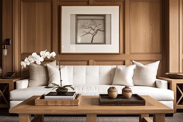 Fototapeta na wymiar Chic Craftsman Design: Modern Twist with Wooden Table and Elegant Cushions