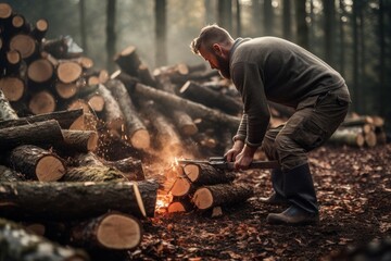 Outdoorsy Man holding stack of cut firewood in forest. Autumn heating season and logging wood. Generate ai - obrazy, fototapety, plakaty