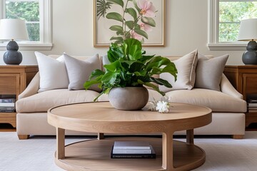 Craftsman Modern: Wooden Coffee Table, Beige Sofa, and Indoor Plants Harmony