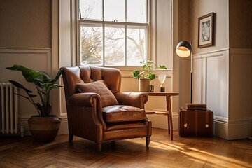 Edwardian Elegance with a Mid-Century Twist: Leather Armchair in a Light-Filled Room on Wooden Floor
