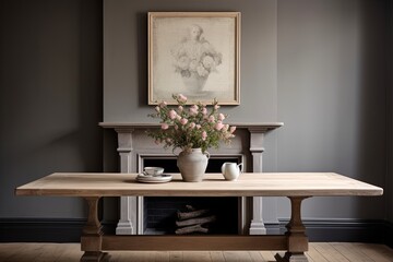 Edwardian Elegance: Minimalist Dining with Square Wooden Table and Grey Wall Art