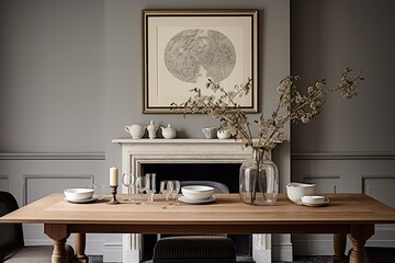 Square Wooden Dining Table: Edwardian Elegance with Grey Wall Art