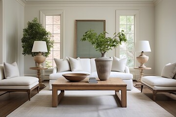Elegance in Modern Colonial Living Room: Antique Tables and White Slipcovered Sofas Showcase