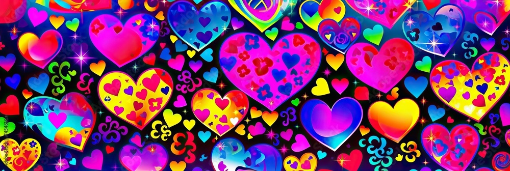 Poster Colorful hearts in various sizes and shades are scattered across a black background, creating a vibrant and lively visual display
