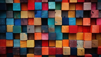 Colorful Wooden Blocks Close-Up, Stained Wood Stacks, Vibrant Background Display