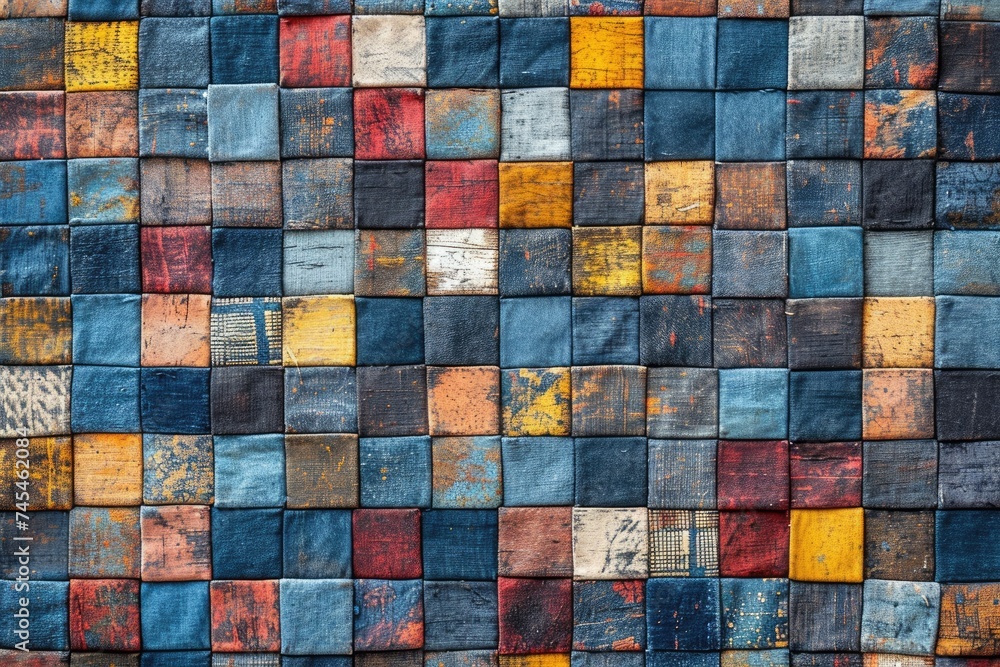 Poster A wall adorned with a captivating display of multicolored squares arranged in a patchwork pattern, creating a visually striking and harmonious design