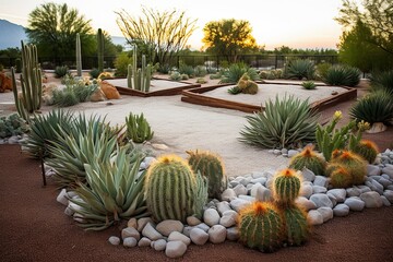 Desert Zen: Lush Garden Layout with Gravel Beds, Agave Plants, and Sunlight