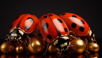 Red, Golden Ladybug on Black Background, Insect Illustration in Natural Habitat, Nature Closeup Scene