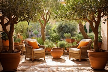 Beautiful Grecian Patio Oasis: Terra Cotta Pots, Olive Trees, Sunlit Courtyard - obrazy, fototapety, plakaty